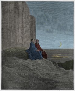 Purgatoire, Chant 9 : Crépuscule, illustration de La Divine Comédie de Dante Alighieri, 1885 (gravure colorée numériquement) - Gustave after Dore